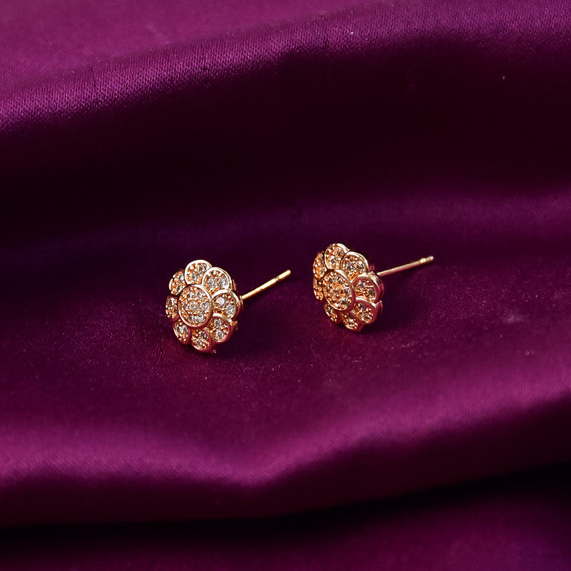Gold Finish Round Crystal Stud Earrings with Floral Pattern for Women