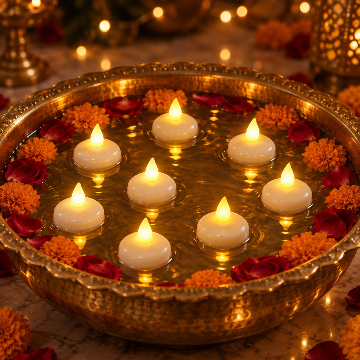 Eight illuminated white floating LED diyas are arranged in a brass bowl with water, marigolds, and rose petals, creating a