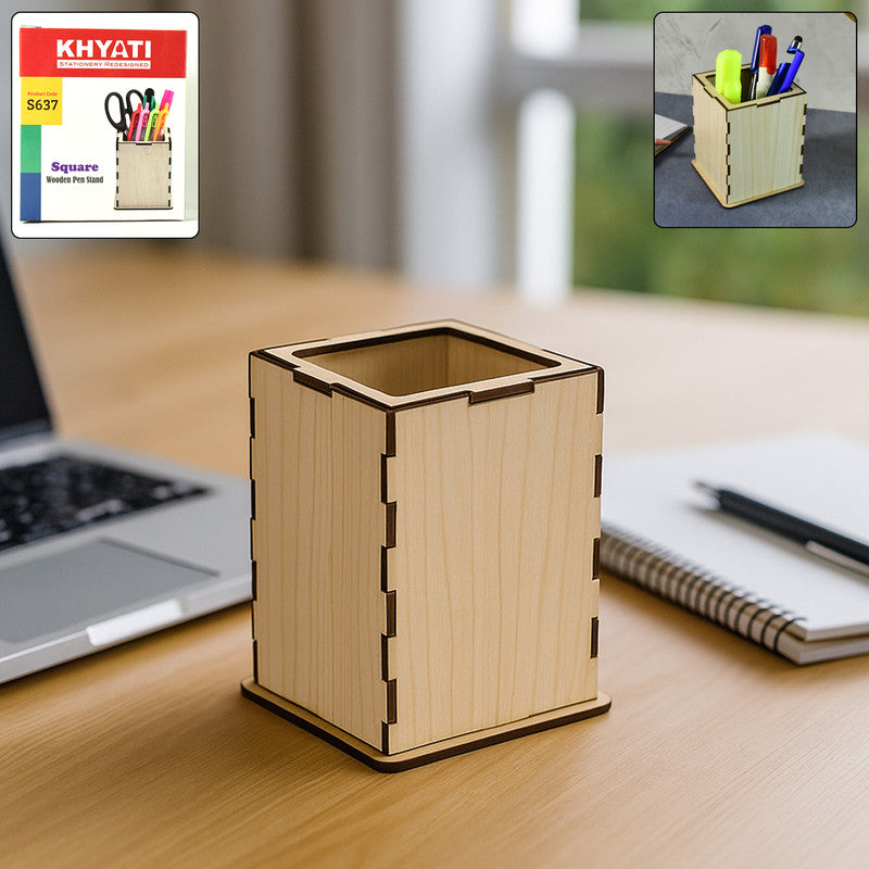 Khyati Square Wooden Pen Stand – Elegant Desk Organizer for Office & Study Table
