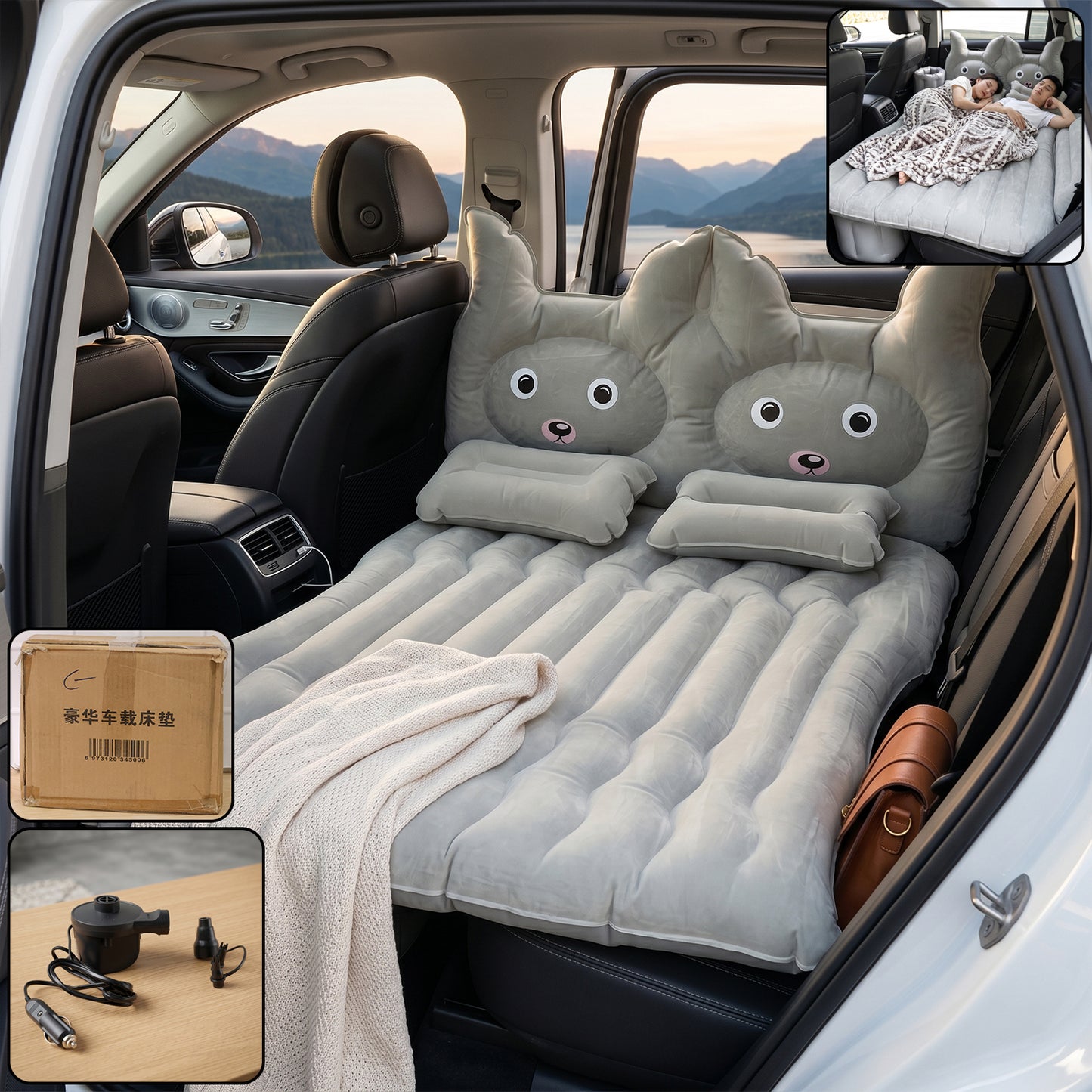 Inflatable car air mattress bed set with pump and cushions