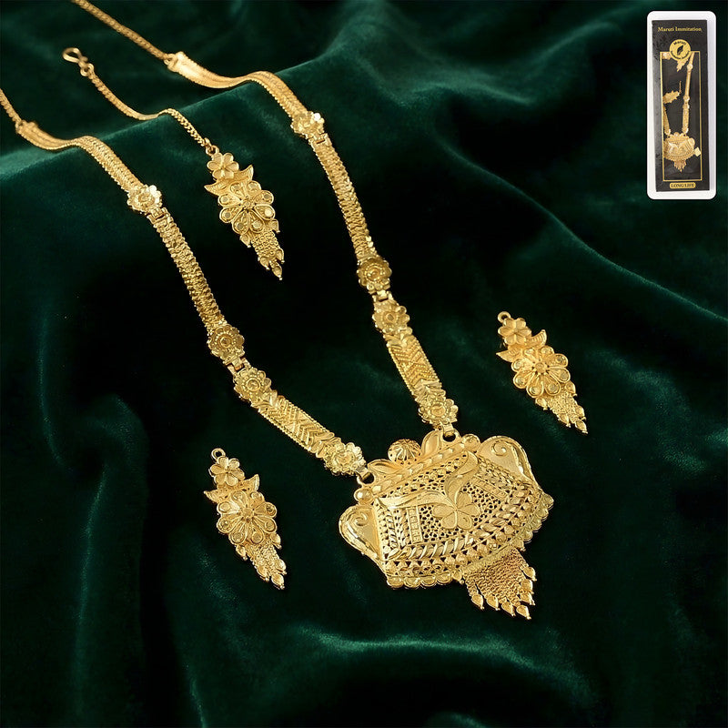 Majestic Gold-Finish Long Necklace Set with Intricate Traditional Craftwork