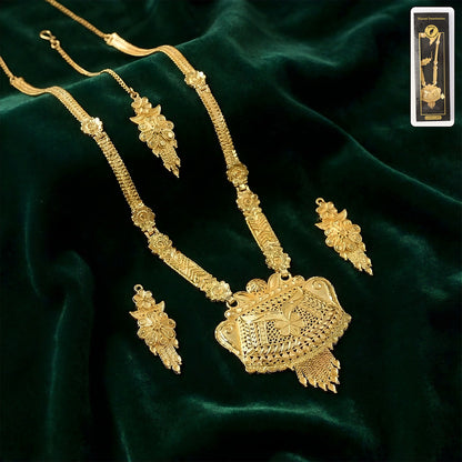 Majestic Gold-Finish Long Necklace Set with Intricate Traditional Craftwork