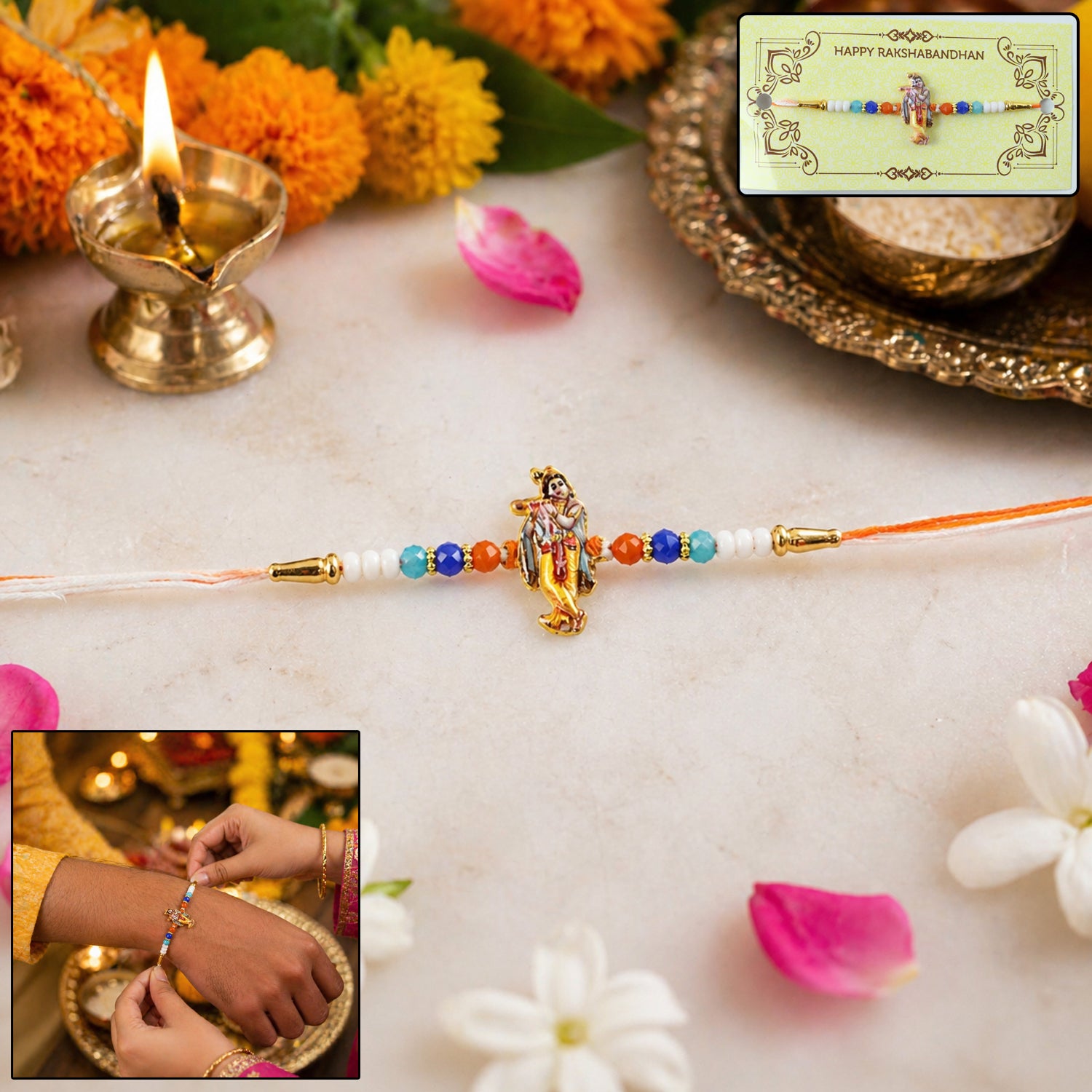 Spiritual Designer Rakhi with Lord Krishna Flute Playing Idol (1 Pc)
