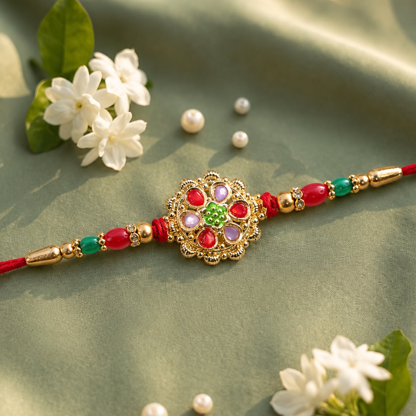 Red and Lilac Kundan Pendant Rakhi with Green Flower Centre