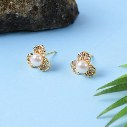 Pearl Center Clover Design Stud Earrings with Gold Finish for Women
