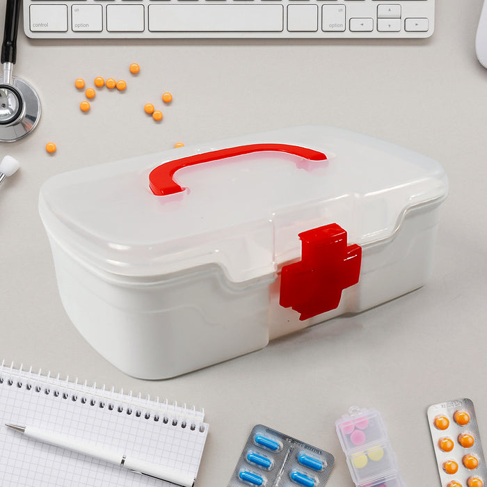 3 Compartment Medical Box, 1 Piece, Indoor Outdoor Medical Utility, Medicine Storage Box, Detachable Tray Medical Box Multi Purpose Regular Medicine, First Aid Box with Handle, Transparent Lid & Color Box 