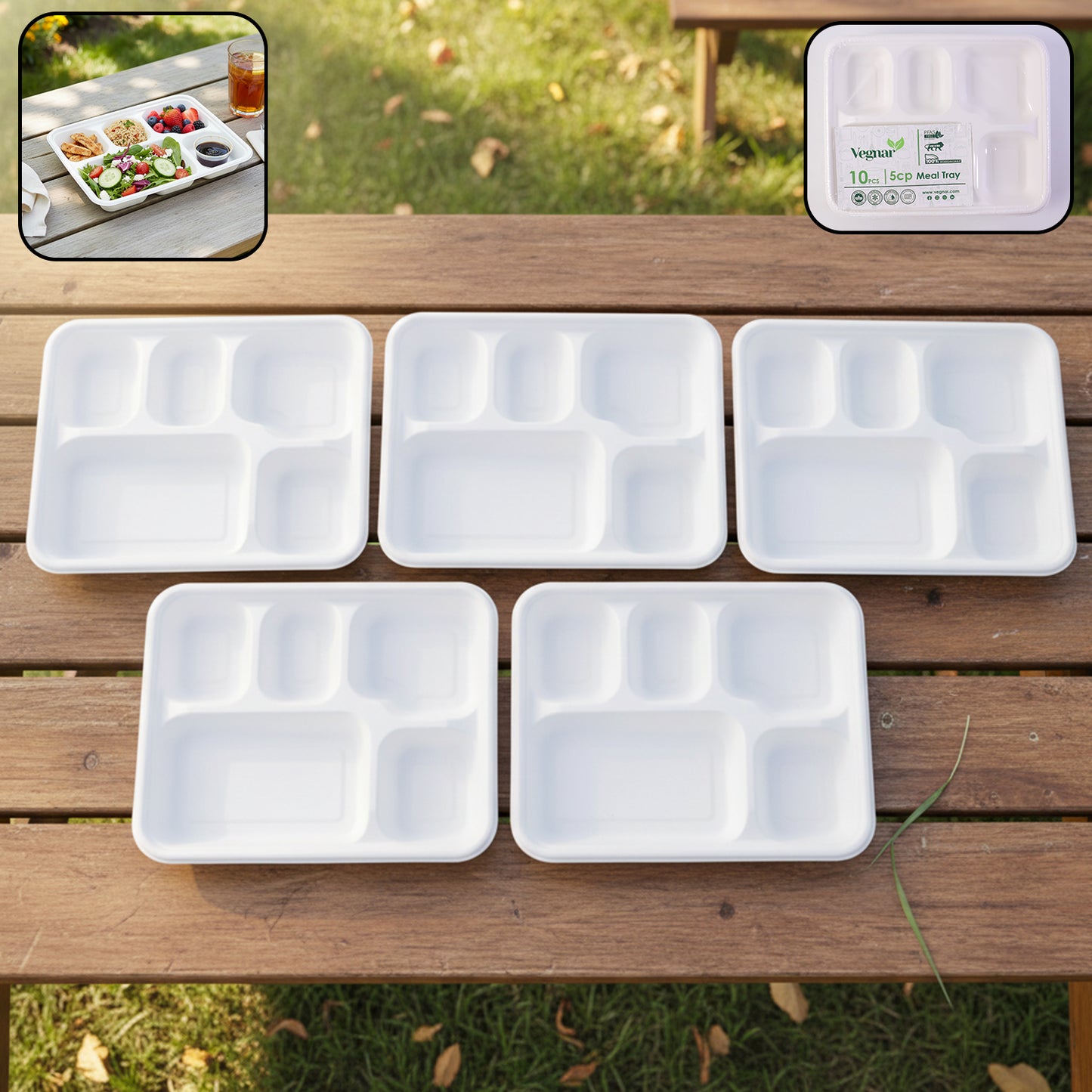 Vegnar 5 Compartment Compostable Bagasse Meal Tray 10 Pcs Set