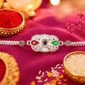 Silver Rakhi – Enamel Mirror Stone Design for Brother