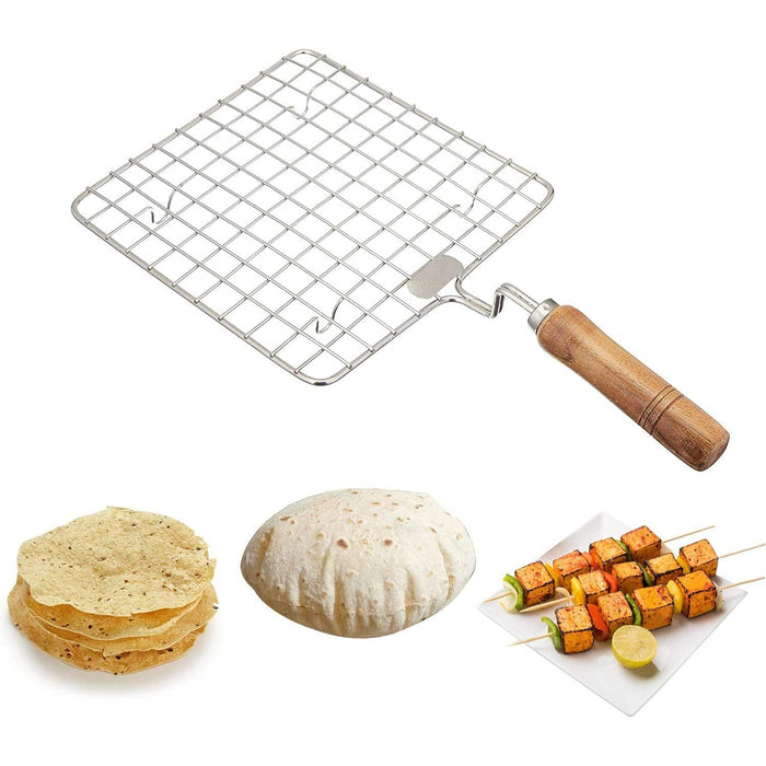 2086 Kitchen Square Stainless Steel Roaster Papad Jali, Barbecue Grill with Wooden Handle