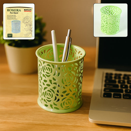Khyati Roseira Metal Pen Stand – Elegant Floral Cutwork Desk Organizer for Office & Study
