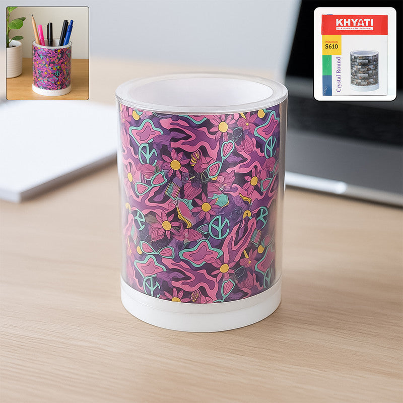 Khyati Crystal Round Pen Stand – Stylish Transparent Desk Organizer