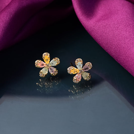 Multicolor Crystal Petal Flower Stud Earrings with Gold Finish for Women