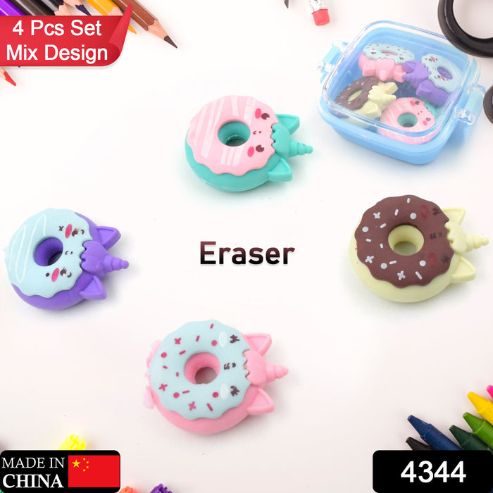 4344 3D Fancy & Stylish Colorful Erasers With Plastic Case, Mini Eraser Creative Cute Novelty Eraser for Children Different Designs Eraser Set for Return Gift, Birthday Party, School Prize, (Mix Design 4 pc Set)