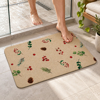 Botanical Berry Print Bath Mat, Linen Look Anti-Slip Floor Rug (1 Pc, 57x38 Cm)