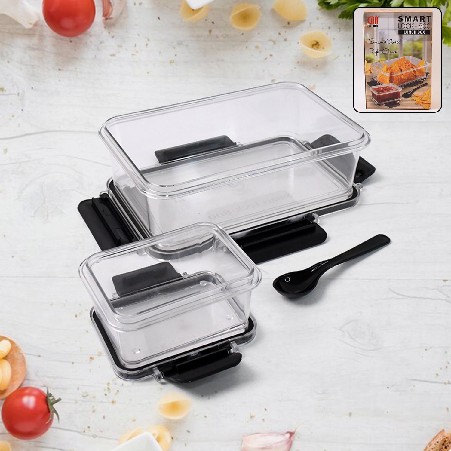 Plastic Kitchen Storage Container Big 800 ML & Small 250 ML with Air Seal Lock Lid & Spoon