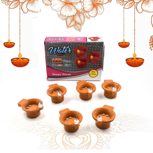Set of six water sensor LED diyas glowing warmly for Diwali decoration