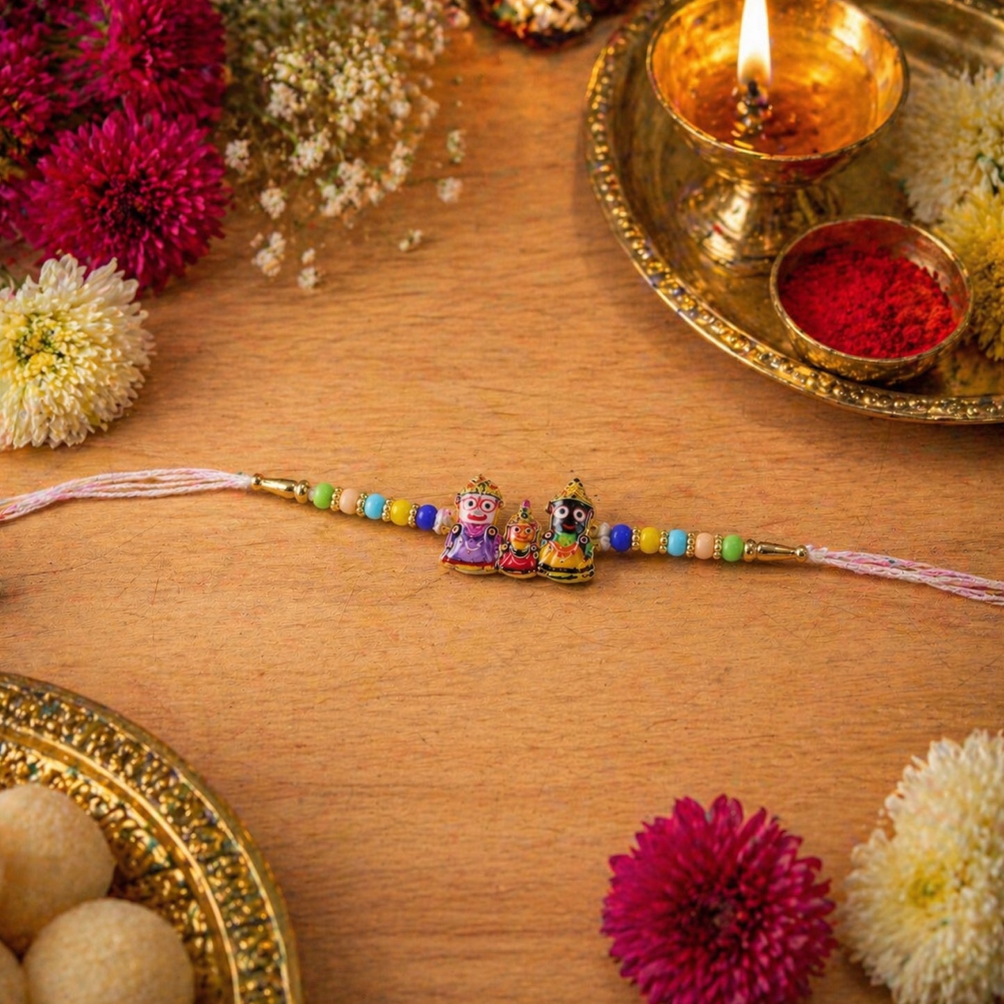 Top view of Lord Jagannath Rakhi with decorative beads