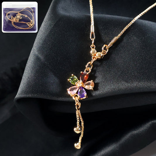 Gold-Plated Multicolor Butterfly Pendant Necklace with Hanging Chain Detailing for Women