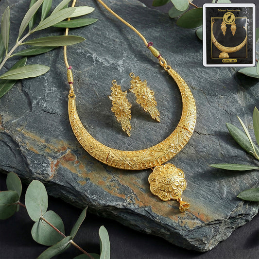 Exclusive Crescent-Style Gold-Plated Necklace Set with Traditional Engraved Detailing