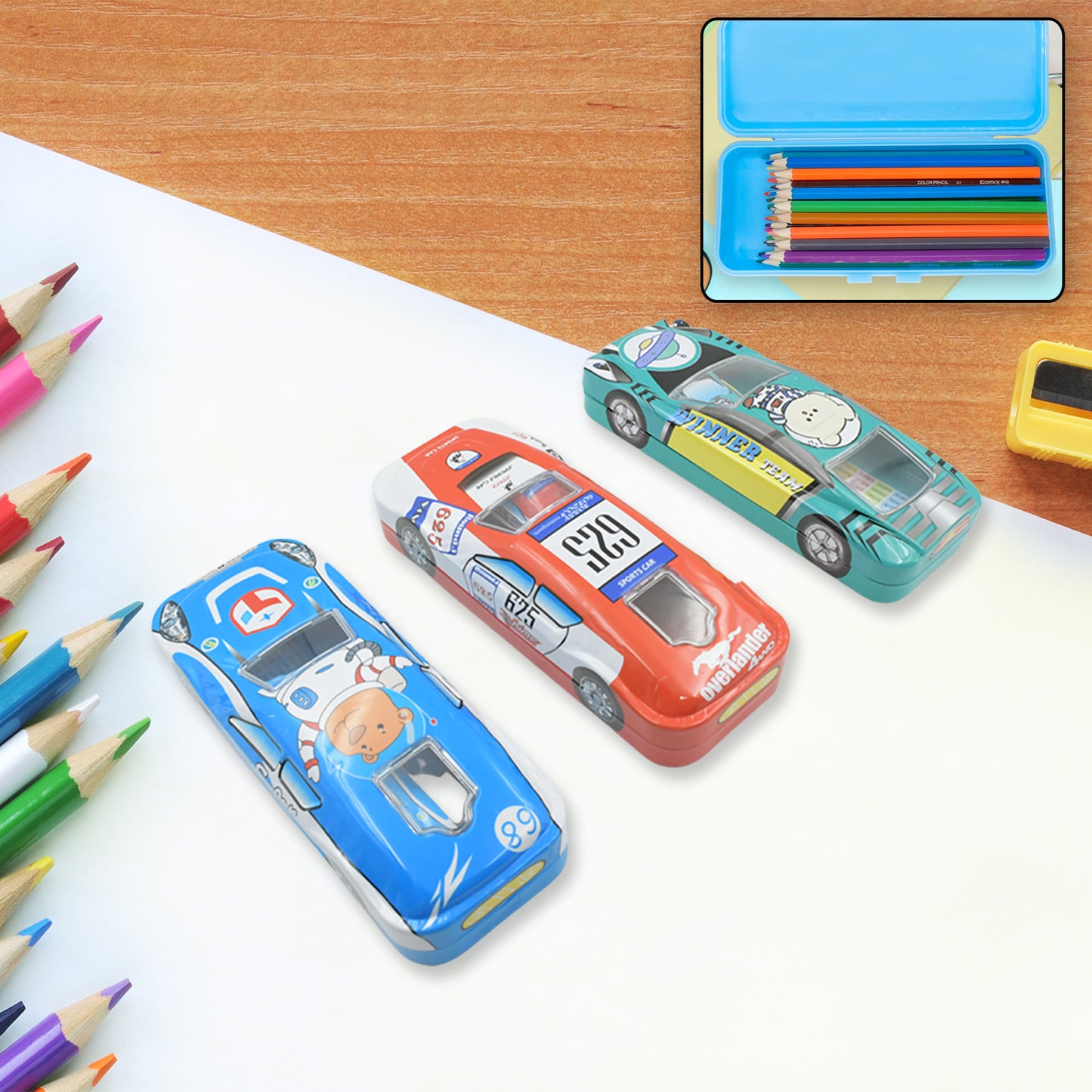 Kids' car-shaped metal pencil case