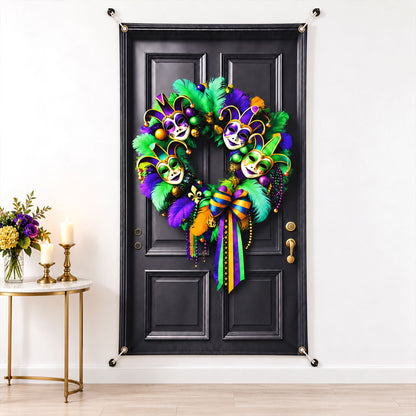 Mardi Gras Door Backdrop Curtain with Printed Wreath for Party Decor (210x110 Cm)