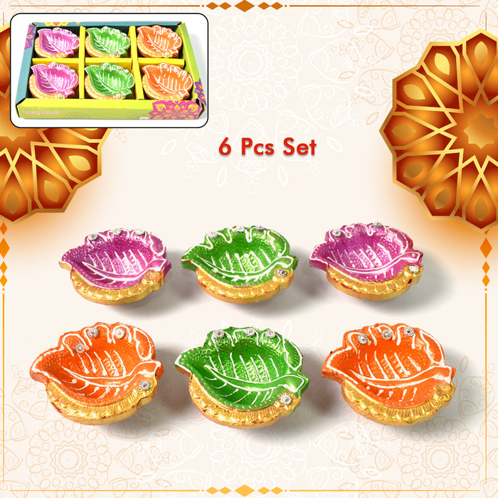 Decorative Hand Painted Clay Puja Diya for Diwali Home Indoor Outdoor Handmade Diya (6 Pcs Set/ Mix Design)