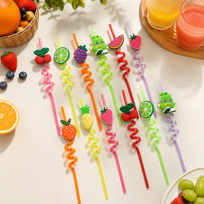 Pack of 12 reusable plastic straws with cartoon truck decorations