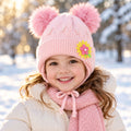 Kids Soft Knitted Winter Caps with Twin Pom Poms and Floral Detail (1 Pc)