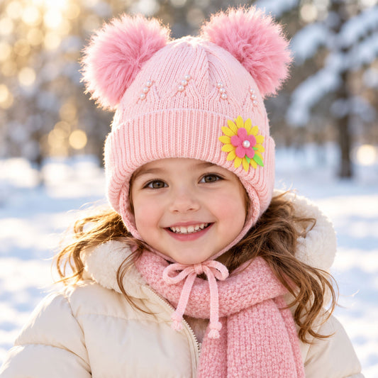 A smiling child wears a pink knitted hat with two pom-poms and a yellow flower applique in a snowy setting.