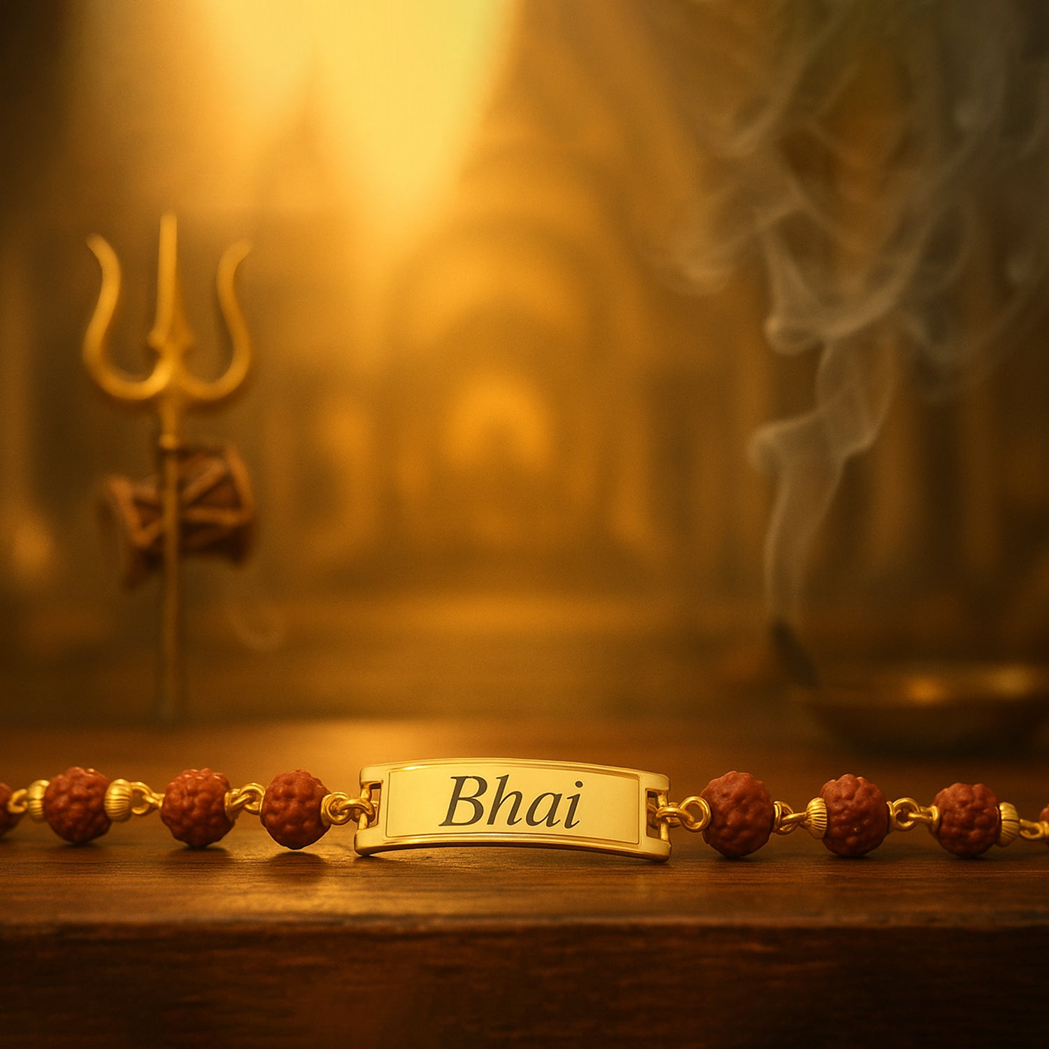 Gold-Toned Bhai Rakhi with Rudraksha Beads – Premium Personalized Rakhi