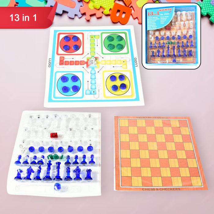 17669 13 in 1 Family Board Game Chess, Snakes & Ladders, Ludo, Tic-Tac-Toe, Checkers, Travel Bingo, Football, Space Venture, Steeplechase Set for Kids