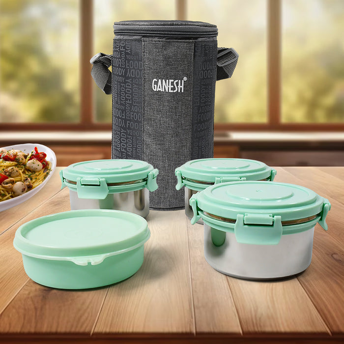 Ganesh 4In1 Tiffin Box-Lunch Box | 3 Stainless Steel Containers 300 Ml Approx & Plastic Salad Container 200 Ml Approx| Plastic lid Box | Round Zip Bag | Leak Proof | Microwave Safe for Office, College and School for Men, Women 