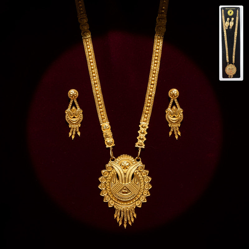Gold-Tone Ethnic Necklace Set with Intricate Pendant and Matching Drop Earrings
