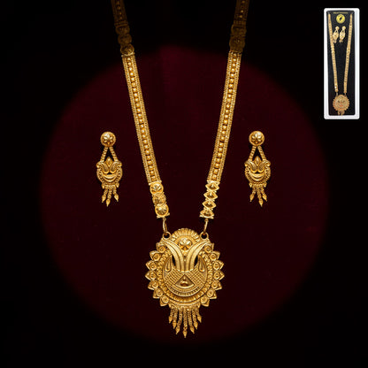 Gold-Tone Ethnic Necklace Set with Intricate Pendant and Matching Drop Earrings