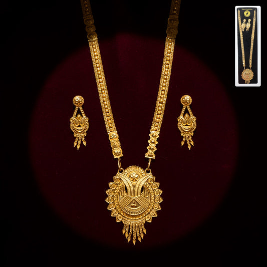 Gold-Tone Ethnic Necklace Set with Intricate Pendant and Matching Drop Earrings