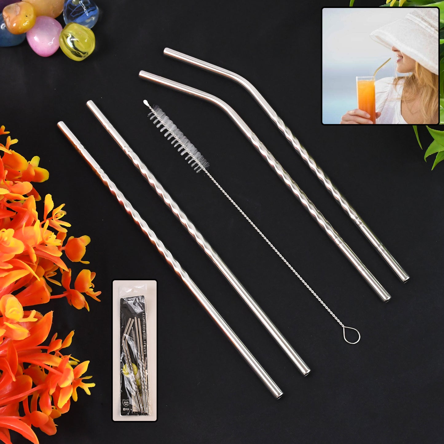 Reusable Stainless Steel Straws Set of 5 (2 Straight straws, 2 Bent straws, 1 Brush)