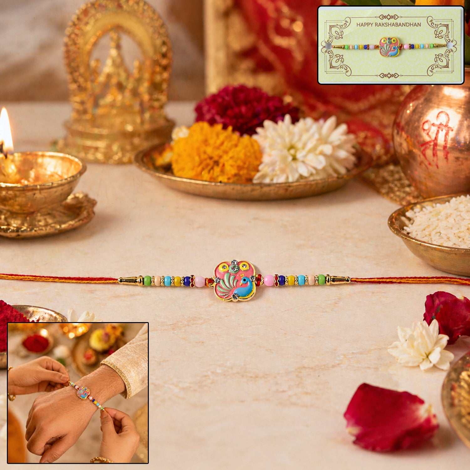 Colorful Peacock Design Rakhi with Decorative Beads (1 Pc)