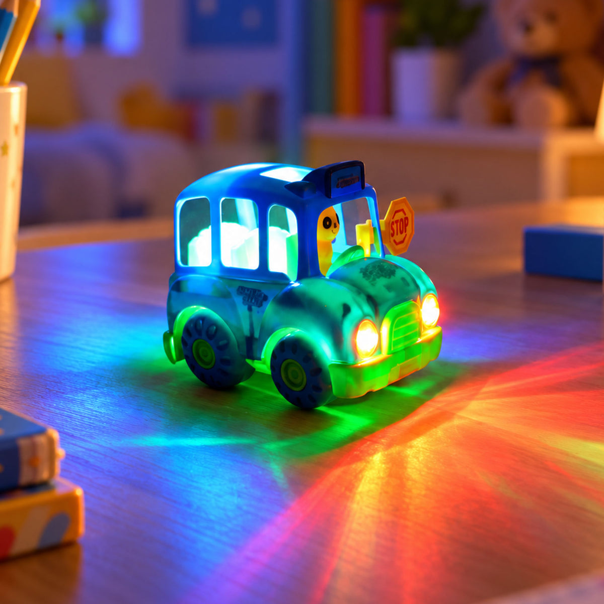 Battery Operated Musical School Bus Toy with Flashing Lights and Motion (1 Pc)