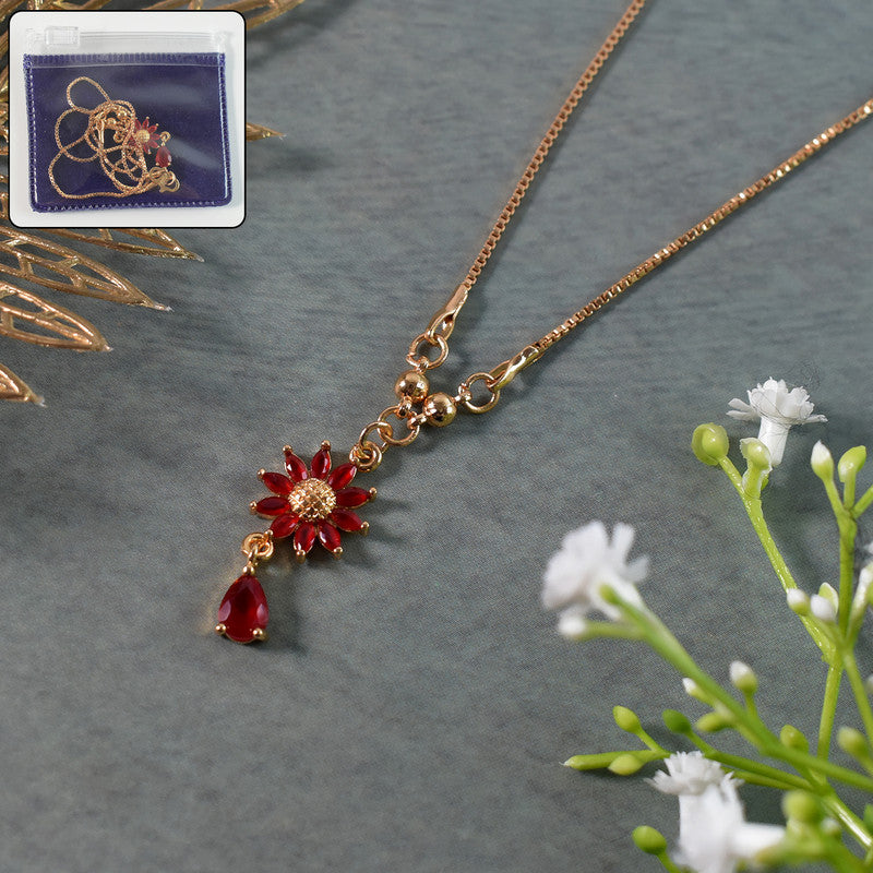 Gold-Plated Red Floral Crystal Pendant Necklace for Women