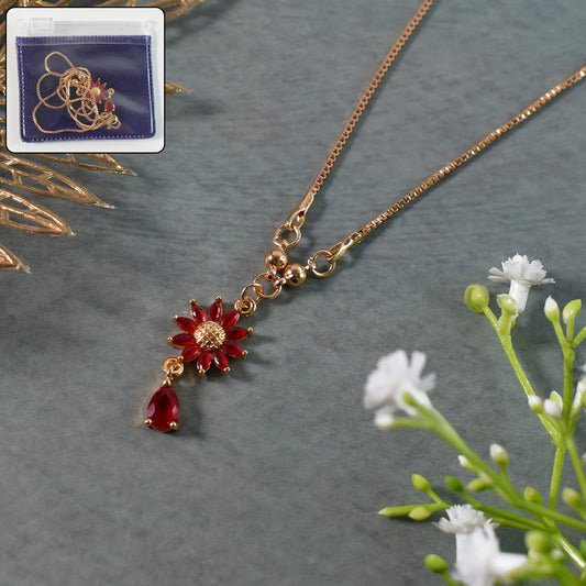 Gold-Plated Red Floral Crystal Pendant Necklace for Women