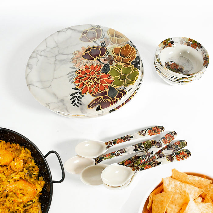 8231 Dream High Quality plastic Dinning Dinner set with Unique Flower Design Printed, 6 pc Plates, 6 pc Bowls and 6 pc Serving Spoon, Lightweight Round Plates and Bowls, Microwave, and Dishwasher Safe (18 Pcs set)
