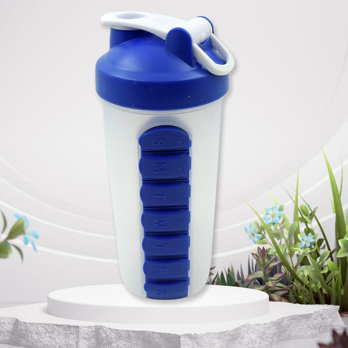 12592 2 In1 Pill Shaker Cup Vitamin Holder Water Bottle with Pill Holder Daily Medicine Planner Shaker Water Bottle pillboxes Organizer pre Workout Shaker Fitness pp Bracket Portable (600 ML)