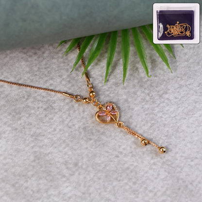 Heart Charm Drop Pendant Necklace – Elegant Gold-Plated Chain with Pink Stones