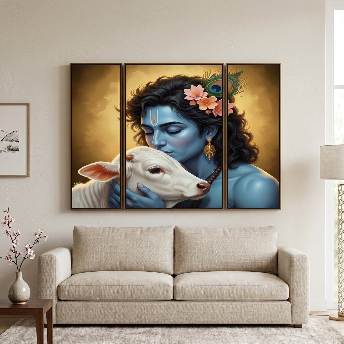 Krishna cow 3 panel wall frame