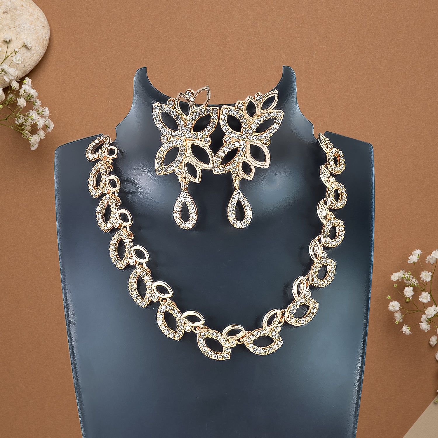 American Diamond Studded Floral Shaped Necklace With Earrings