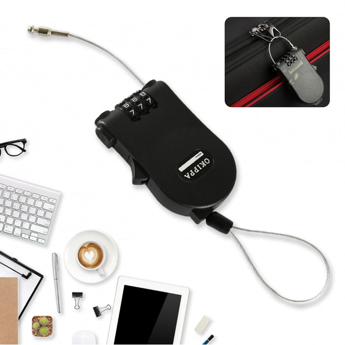 Multifunctional cable lock with number code for travel, sports Etc. Retractable Wire Lock,Wire Black Shell Combination Password.