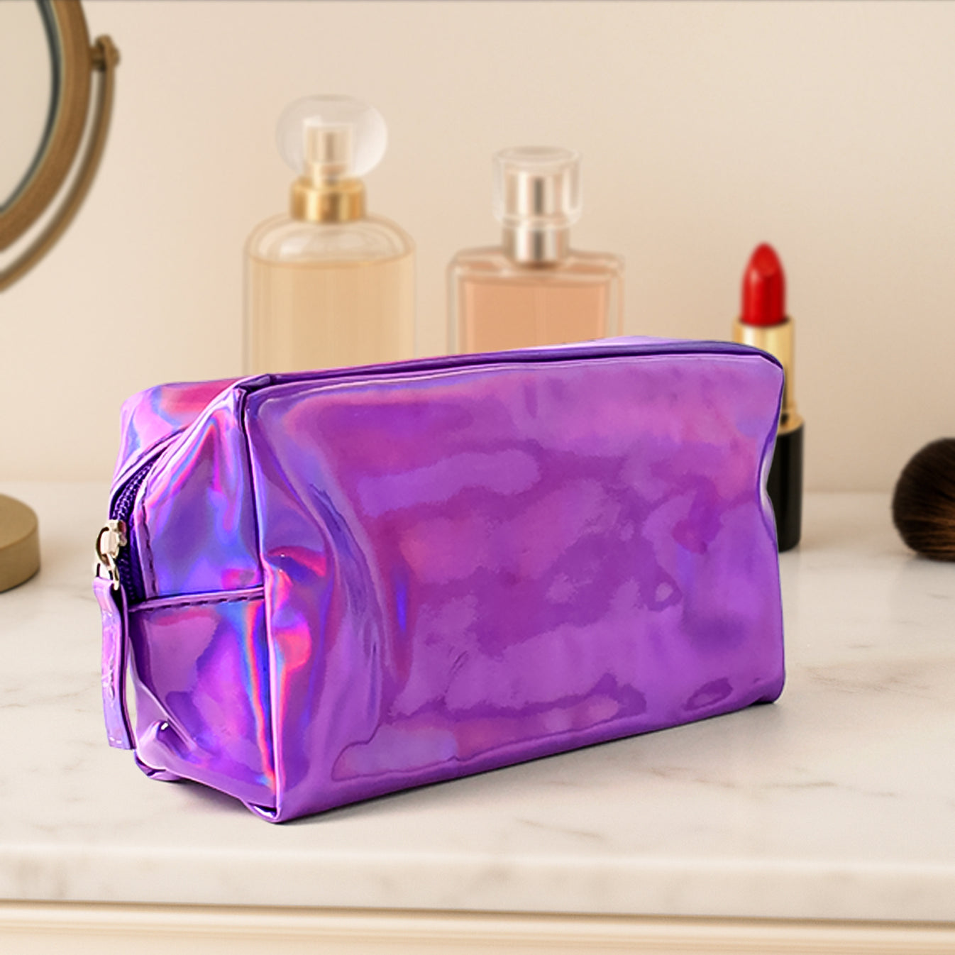 Holographic Waterproof Travel Cosmetic Pouch โ Stylish Transparent Makeup Bag with Zipper, Compact Toiletry Organizer for Cosmetics, Skincare, Accessories & Travel Essentials - Image 1