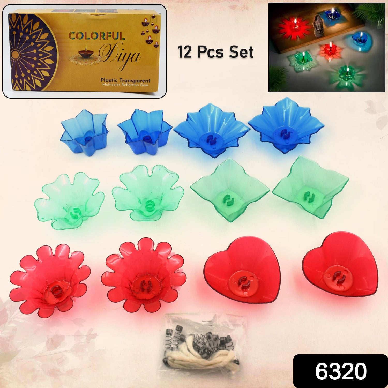 Magical Reflection Diya Set with 6 Attractive Design Cup Set Of 12 Pieces