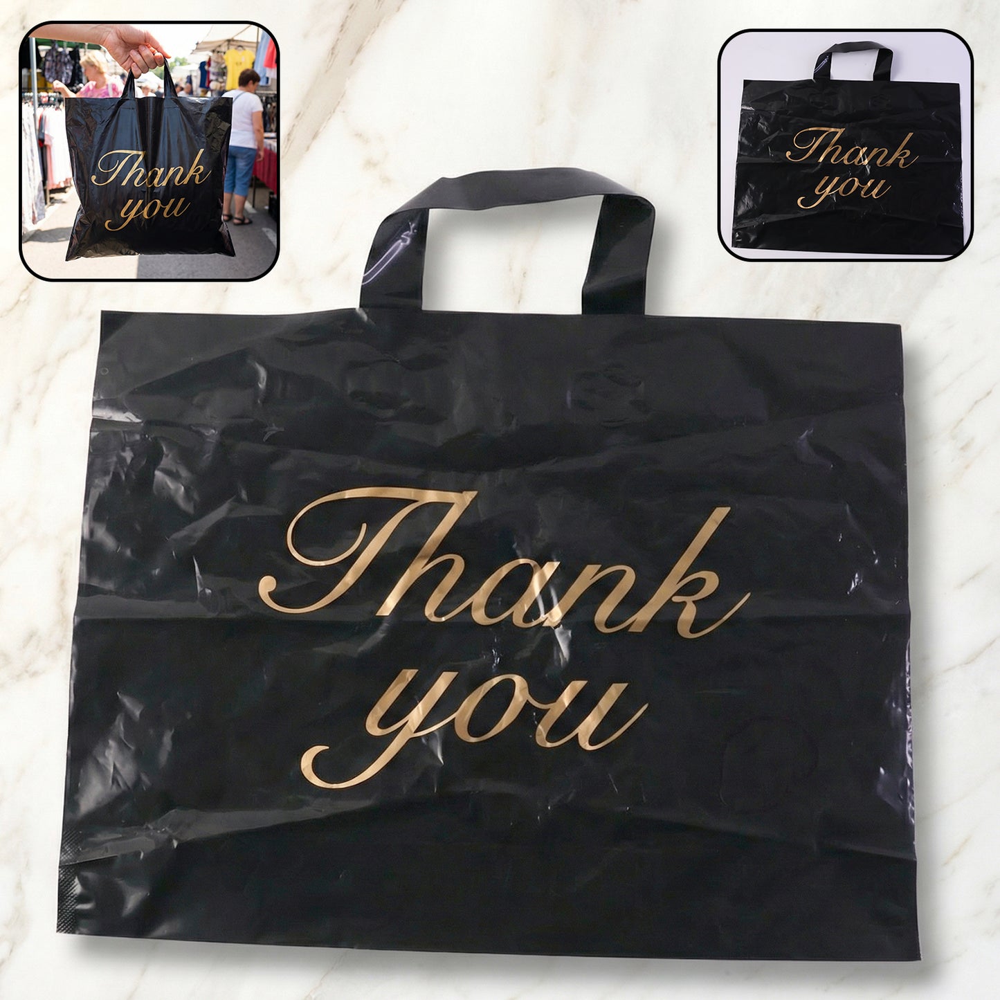 Premium Black Thank You Printed Plastic Carry Bag 30 × 39 Cm (1 Pc)