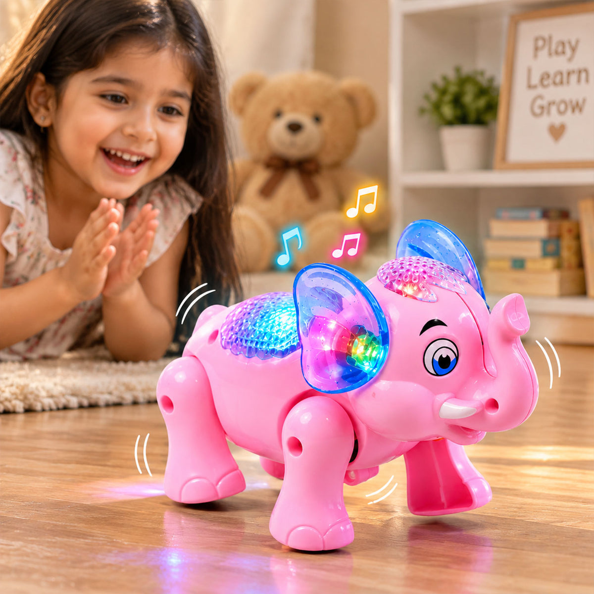 Musical Elephant Toy with Colourful Lights for Fun Indoor Playtime (1 Pc)